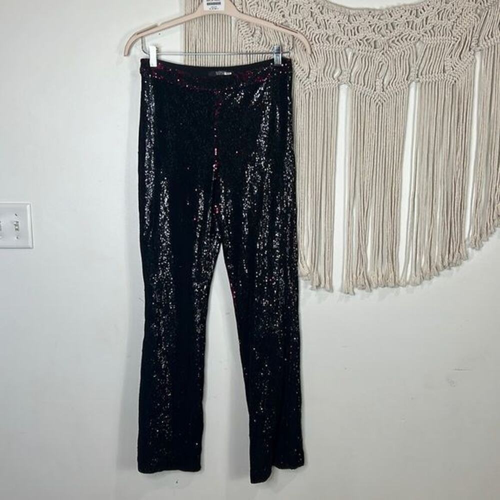 Badgley Mischka Plum Pink black Sequin party Pants Size 2 straight 80's disco - Picture 1 of 6